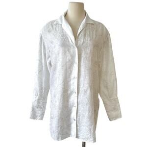 120% Lino Linen Button Up Shirt Metallic Floral Embroidery Top White 44 (US L)